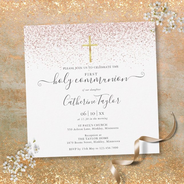 Convites Elegante Rosa Dourada Glitter Primeira Comunhão Sa (Elegant Rose Gold Glitter First Holy Communion Invitation)
