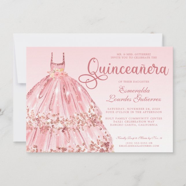 Convites Elegante Rosa Dourada Glitter Quinceañera (Frente)