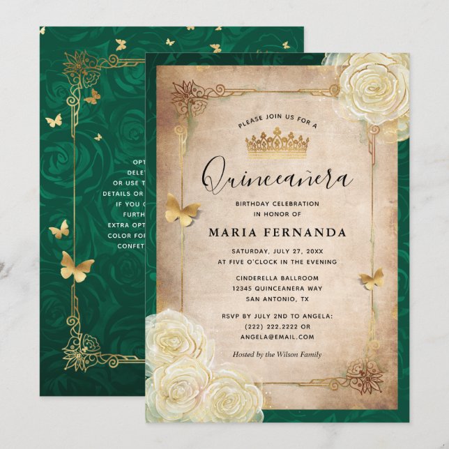 Convites Elegante Rosa Dourada Quinceanera Verde (Frente/Verso)