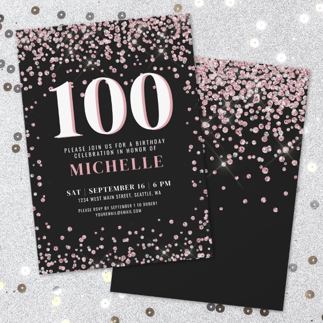 Convites Elegante Rosa Dourado 100º Aniversário (Elegant Rose Gold 100th Birthday Invitation )