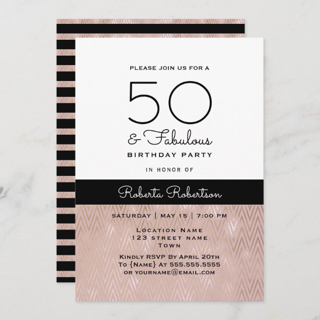 Convites Elegante Rosa Dourado 50º aniversário (Frente/Verso)