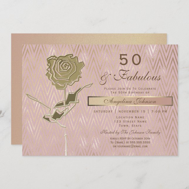 Convites Elegante Rosa Dourado 50º aniversário (Frente/Verso)