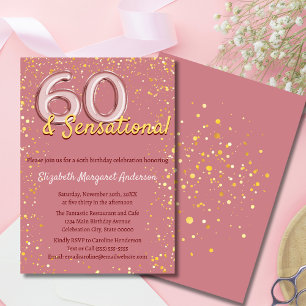 Convites Elegante Rosa Dourado Brilhante Aniversário de 60 