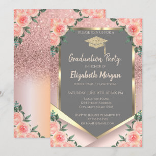 Convites Elegante Rosa Dourado Brilho Floral Graduação