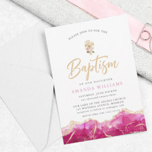 Convites Elegante rosa Dourado com cruz Batismo