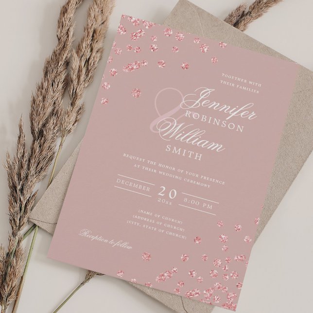 Convites Elegante Rosa Dourado Confetti QR Wedding Rosa Pos (Elegant Rose Gold Confetti QR Wedding Dusty Rose Invitation)