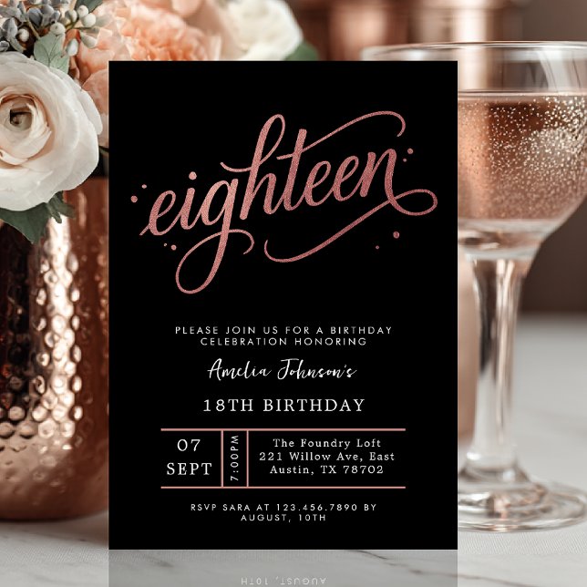 Convites Elegante Rosa Dourado Dezoito 18 Anos  (Eighteen and elegant ✨ Celebrate in style with this luxe rose gold and black birthday invite.)