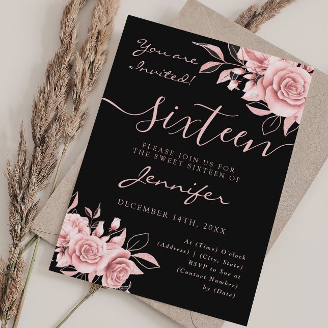 Convites Elegante Rosa Dourado Doce 16 Glitter Preto Floral (Elegant Rose Gold Sweet 16 Glitter Floral Black Invitation)