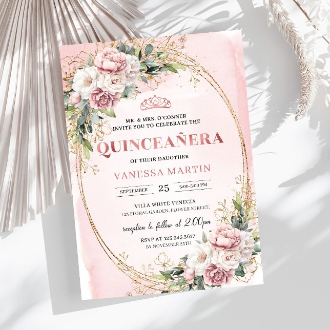 Convites Elegante Rosa Dourado Flora Greenery Quinceanera  (Graceful Rose Gold Floral Greenery Quinceañera Invitation

)