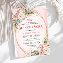 Elegante Rosa Dourado Floral Eucalipto Quinceañera