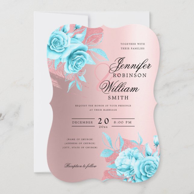 Convites Elegante Rosa Dourado Floral & Foil Teal (Frente)