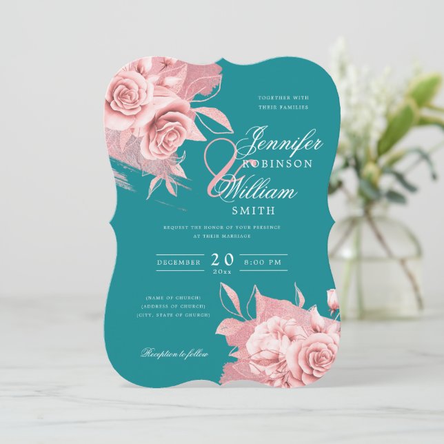 Convites Elegante Rosa Dourado Floral & Foil Teal (Em pé/Frente)