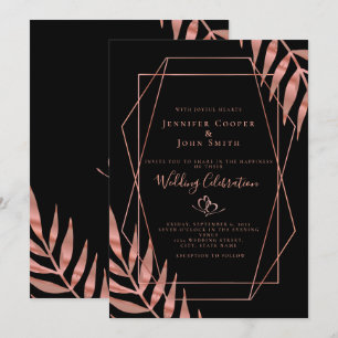 Convites Elegante Rosa Dourado Folhas Casamento Preto