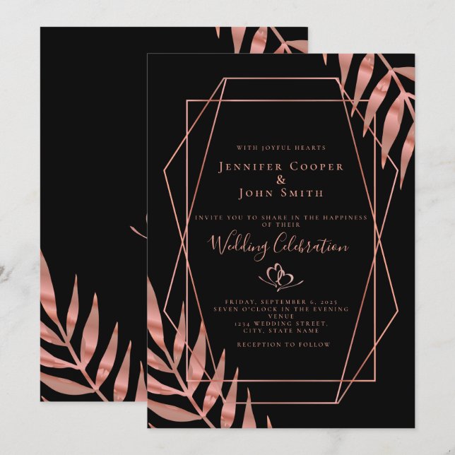 Convites Elegante Rosa Dourado Folhas Casamento Preto  (Frente/Verso)