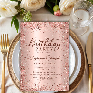 Convites Elegante Rosa Dourado Glitter Doce 16 Aniversário