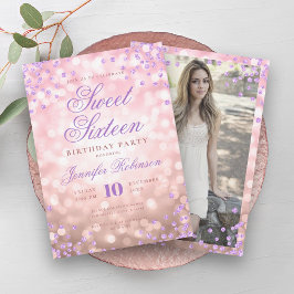 Convites Elegante Rosa Dourado Luzes Roxo Foto Sweet 16