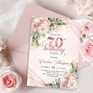 Convites Elegante Rosa Dourado Pó Rosa Floral 70º Aniversár