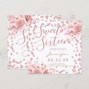 Convites Elegante Rosa Dourado Sweet 16 Glitter Confetti Fl