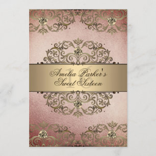 Convites Elegante Rosa Dourado Vintage Damask Sweet Sixteen