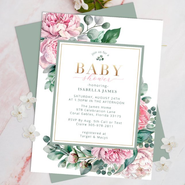 Convites Elegante, rosa e Dourada, Chá de fraldas Invi (Floral Pink Baby Shower & Greenery Invite )
