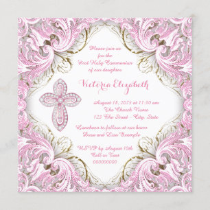 Convites Elegante rosa e Dourada Cruz Primeira Comunhão