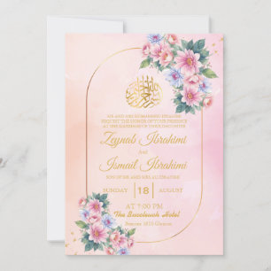 Convites Elegante Rosa e Dourada Frame Casamento Muçulmano 