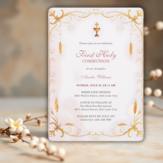 Convites Elegante rosa e Dourada Primeira Comunhão Sagrada (Elegant First Holy Communion Invitation for Girl – Pink & Gold Chalice Design)