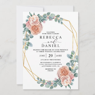 Convites Elegante Rosa Empoeirada e Floral Dourado para Cas