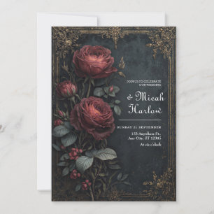 Convites Elegante Rosa Floral Burgundy Gótico Escuro Casame