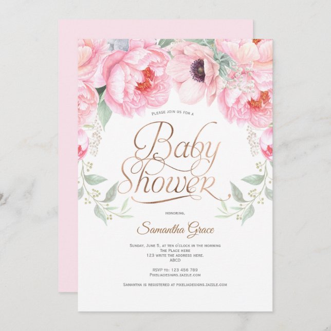 Convites Elegante, Rosa, Floral, Chá De Bebê (Frente/Verso)