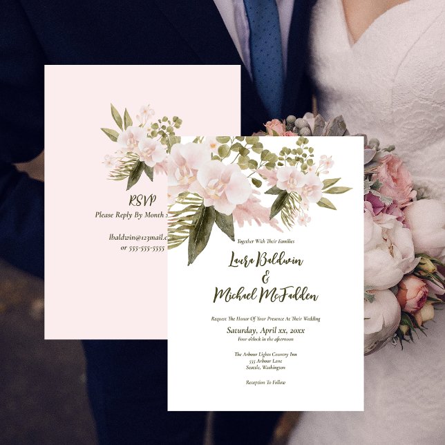 Convites Elegante Rosa Floral com RSVP Casamento (Elegant Floral Blush Pink with RSVP Wedding Invitation)