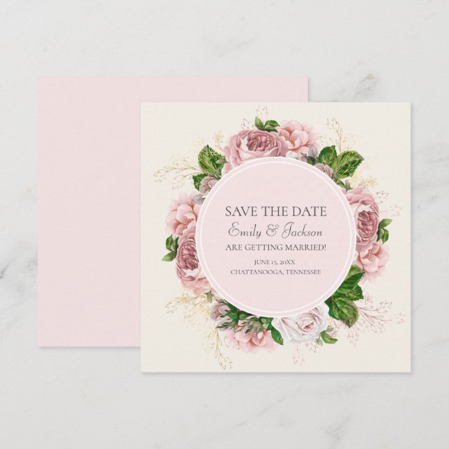 Convites Elegante Rosa Floral Creme Salve Data Casamento (Frente/Verso)
