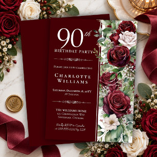 Convites Elegante Rosa Floral de Vinho Borgonha para 90º An