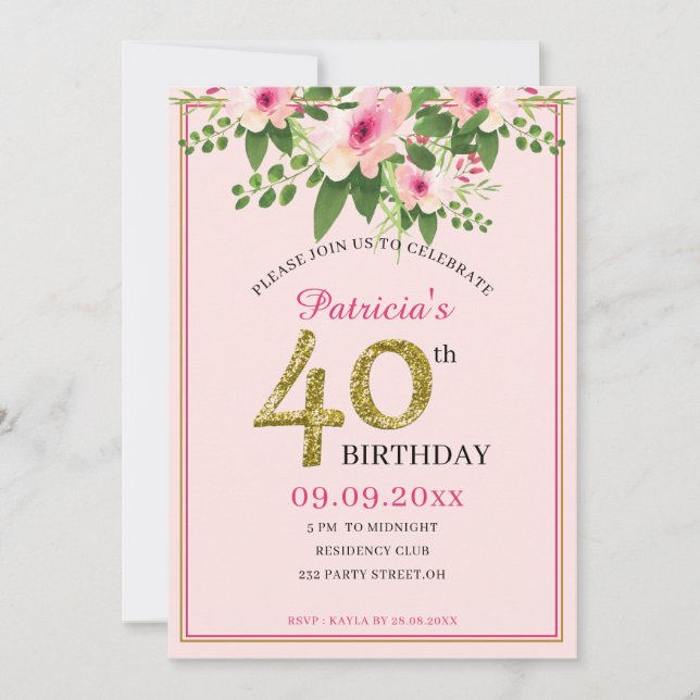 Convites Elegante, Rosa Floral E aniversário de 40 anos Dou (Frente)
