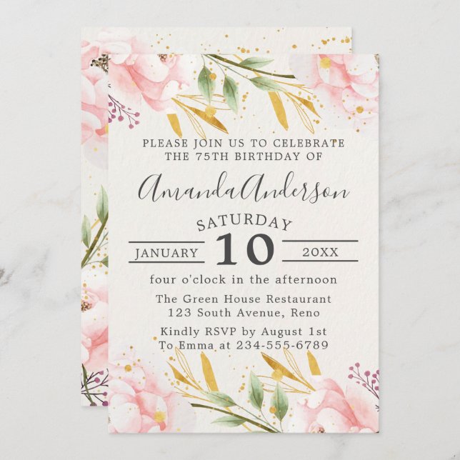 Convites Elegante Rosa Floral E Dourado 75.º Aniversário (Frente/Verso)