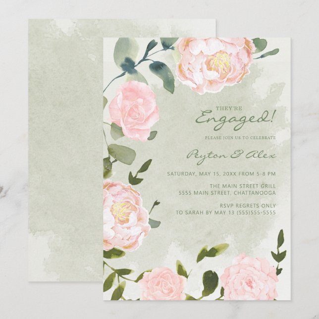 Convites Elegante Rosa Floral Engajamento (Frente/Verso)