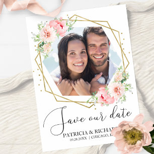 Convites Elegante Rosa Floral Foto Casamento Salve a Data