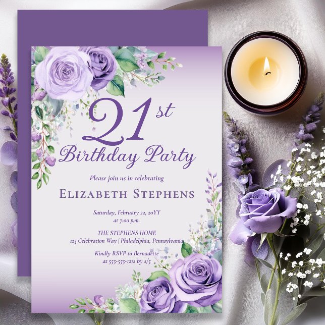 Convites Elegante Rosa Floral Lavanda Roxa Aniversário de 2 (Elegant lavender watercolor roses for a sophisticated purple 21st milestone birthday celebration.)