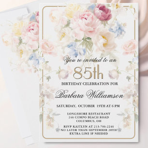 Convites Elegante Rosa Floral Pintado para 85º Aniversário 