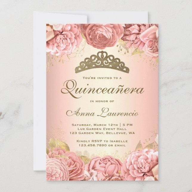 Convites Elegante Rosa Floral Quinceanera (Frente)