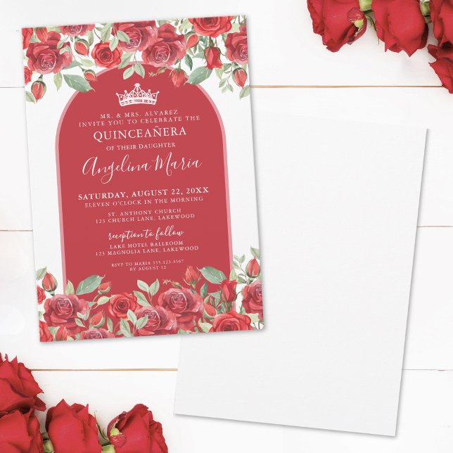 Convites Elegante Rosa Floral Red Quinceanera (Elegant Roses Floral Red Quinceanera Invitation )