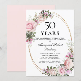 Convites Elegante Rosa Floral Rosa 50º Aniversário