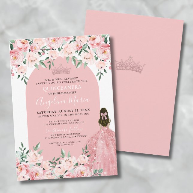 Convites Elegante Rosa Floral Rosa Quinceanera  (15th Birthday Pink Floral Quinceanera Invitation)