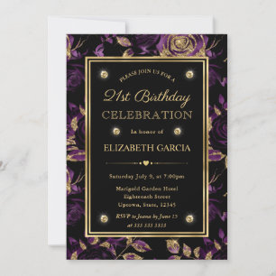 Convites Elegante Rosa Floral Roxo e Dourado Aniversário de