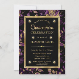 Convites Elegante Rosa Floral Roxo e Dourado Quinceanera