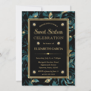 Convites Elegante Rosa Floral Turquesa e Dourado Sweet 16