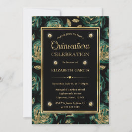 Convites Elegante Rosa Floral Verde e Dourada Quinceanera