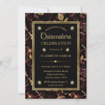 Elegante Rosa Floral Vermelho e Dourado Quinceaner