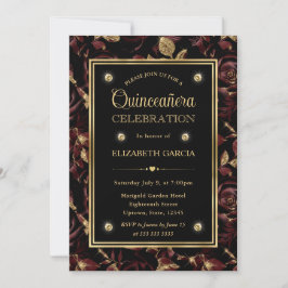 Convites Elegante Rosa Floral Vermelho e Dourado Quinceaner