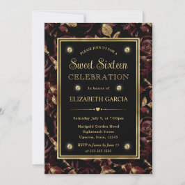 Convites Elegante Rosa Floral Vermelho e Dourado Sweet 16
